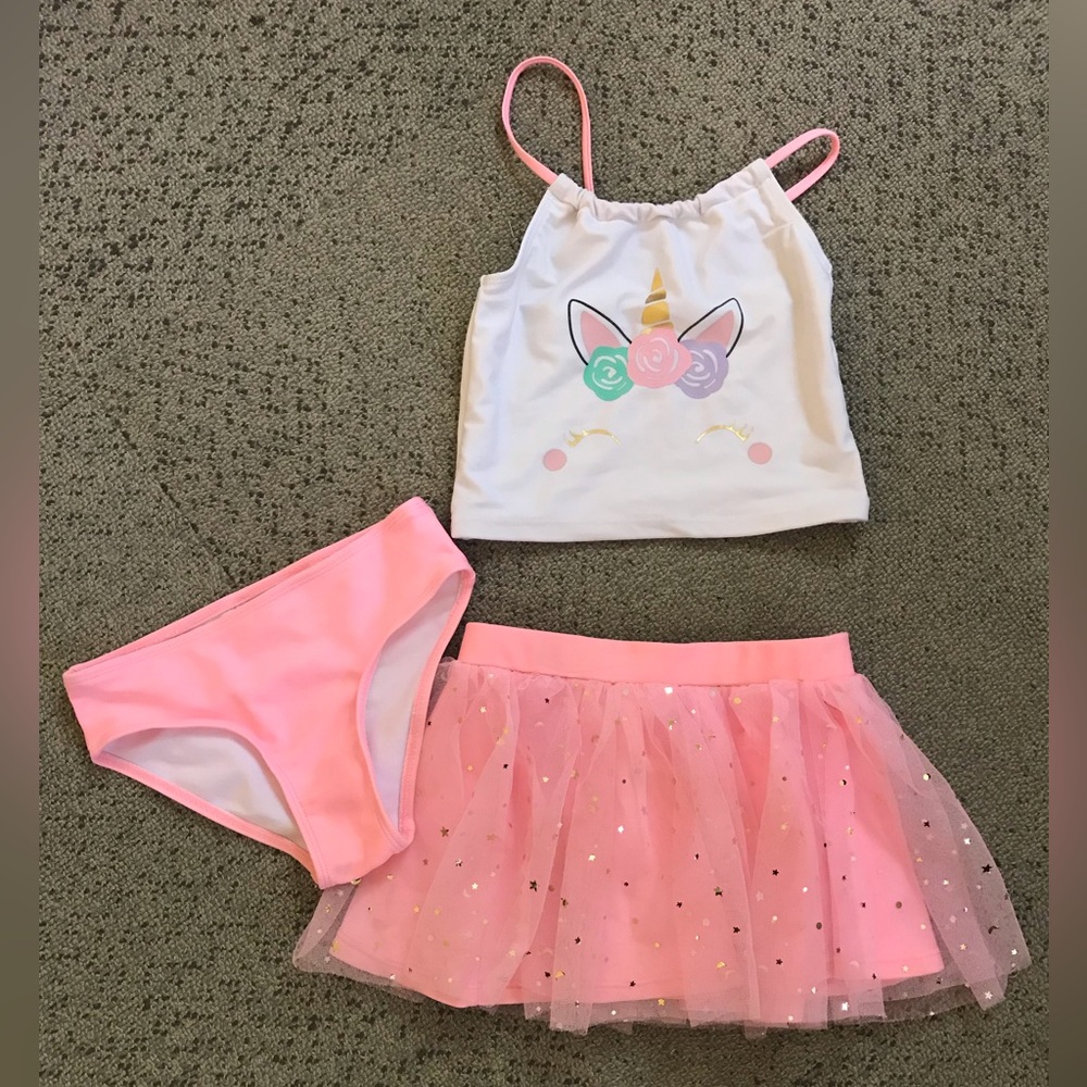 Girls Pink Unicorn Swim Set - Tankini Top & Tulle Skirt
